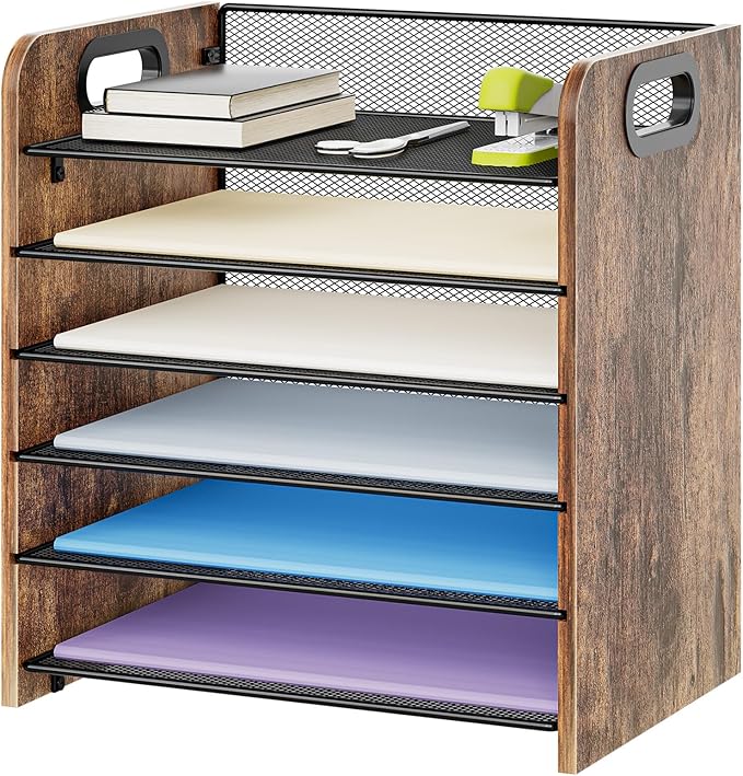 Marbrasse 6 Tier Paper Organizer Letter Tray - Wooden Desk File Organizer with Handle, Paper Sorter Organizer for Letter/A4 Office File Folder Holder by Marbrasse