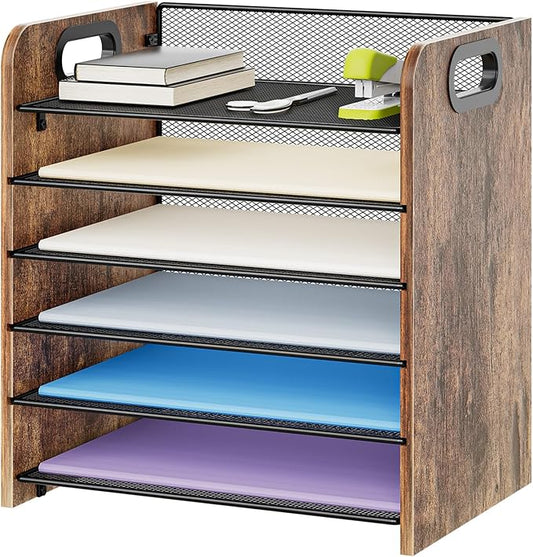 Marbrasse 6 Tier Paper Organizer Letter Tray - Wooden Desk File Organizer with Handle, Paper Sorter Organizer for Letter/A4 Office File Folder Holder by Marbrasse