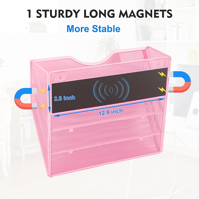 Magnetic 3 Pocket Mesh Hanging Wall File Organizer, Wall Mounted Mail Paper Document Folder Holder, Clipboard Storage Magazine Rack with Nametag Label for Office Home School, Pink - Image 2