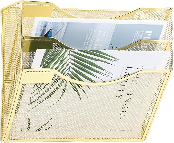 3 Pocket Mesh Hanging Wall File Organizer, Wall Mounted Mail Paper Document Folder Holder, Clipboard Storage Organization Magazine Rack with Nametag Label for Office Home School, Gold - Image 6