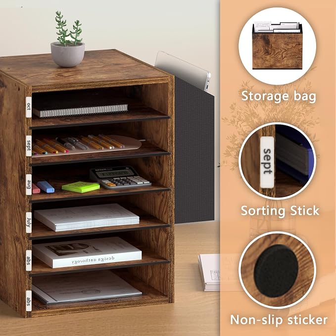 Unionly 6 Tier Adjustable Mail Sorter,Wood Paper Organizer for Class,Office | Office Mailbox with name slot,Literature Organizer with side pocket,Wooden File Storage Organizer for school,classroom,office - Image 4