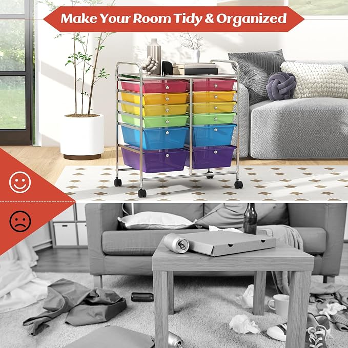 GOFLAME 12-Drawer Rolling Storage Cart, Multipurpose Organizer Cart with 2 Sizes Plastic Drawers, Mobile Utility Cart with Lockable Casters for School, Home Office, Beauty Salon, Rainbow - Image 7