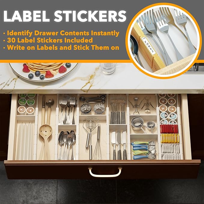 SpaceAid Bamboo Drawer Dividers with Inserts and Labels, Kitchen Adjustable Drawer Organizers, Expandable Organization for Home, Office, Dressers, 7 Dividers with 15 Inserts (17"-22" White) - Image 3