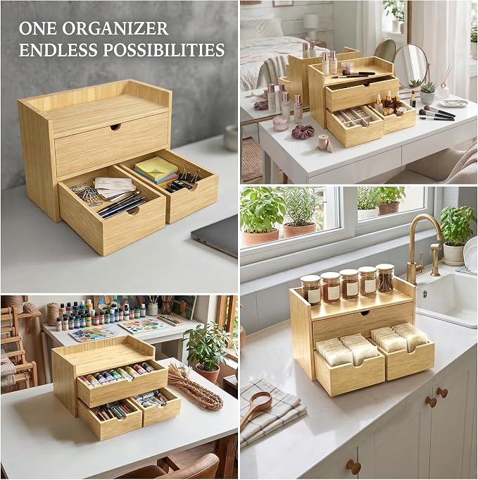 Bamboo Desk Organizer with 3 Drawers, Wood Storage Box for Office Supplies | Solid Tabletop Drawer Chest with Open Display Top, 13.4 x 7.3 x 8.1 in, No Assembly - Fits Countertop, Vanity and Dorm - Image 6