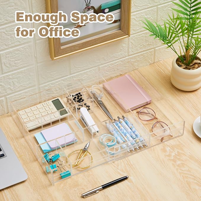 Briwooody 2 Pcs Acrylic Desk Drawer Organizer Maximum 11.8 x 17 x 1.9 Inch Expandable Drawer Organizer Trays with 7 Adjustable Compartments Desk Accessories for Makeup Silverware Office Bathroom - Image 3