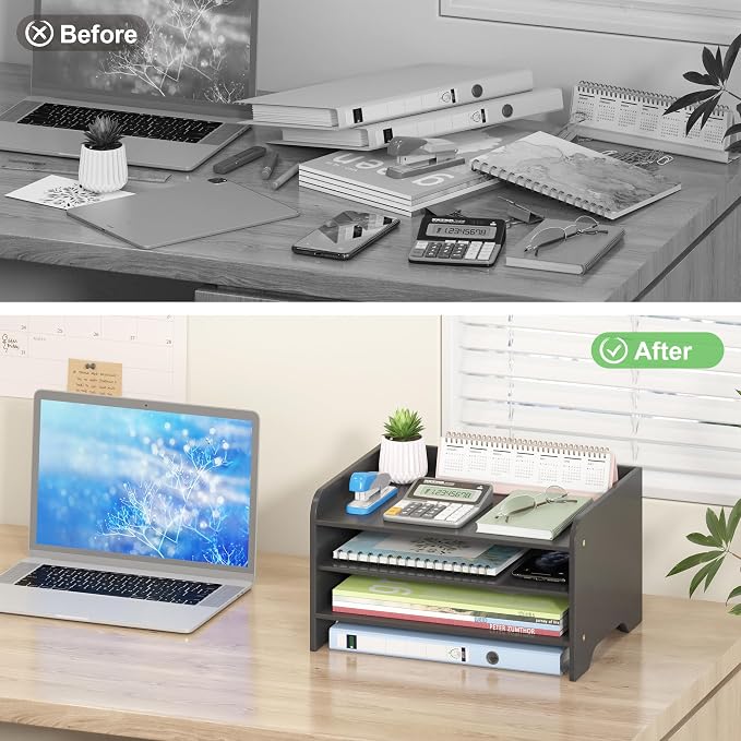 Bamboo File Organizer for Desk, Paper Tray with Pen Holder | Open tiers and a pen holder sort Letter/A4 paper, folders and office supplies while keeping your workspace clutter-free - Image 5