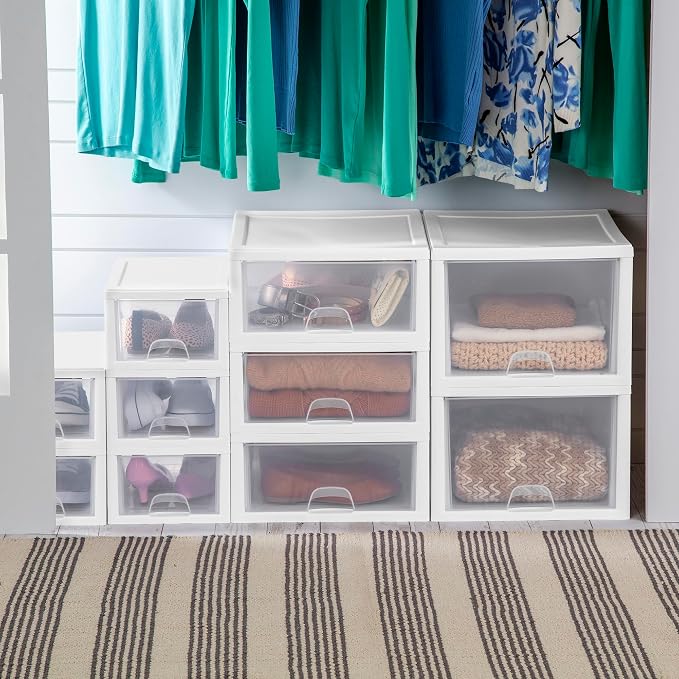 Sterilite 6-Pack 16 Quart Stacking Drawer, Clear Storage Closet Organizer, White Frame - Stackable Modular Plastic Drawers for Clothes, Accessories, Craft Supplies, Shoes or Linens - Image 8
