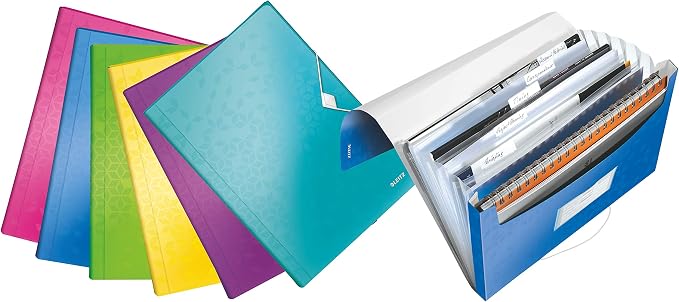 Leitz A4 Expanding Project File, Integrated Index with Expanding Compartments, Elastic Closure, Flexible Plastic, Assorted Colours, Wow Range, Pack of 6 by Leitz
