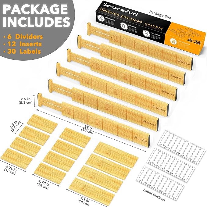 SpaceAid Bamboo Drawer Dividers with Inserts and Labels, Kitchen Adjustable Drawer Organizers, Expandable Organization for Home, Office, Dressers and Bathroom, 6 Dividers with 12 Inserts (17-22 in) - Image 4