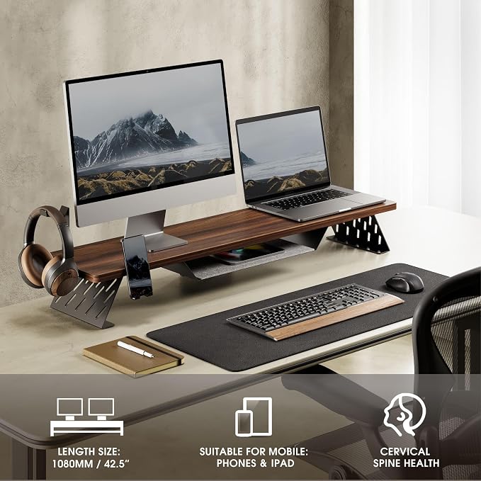 Fenge Dual Monitor Stand, Wooden Desk Shelf with Headphone & Phone Holder | 42.5" Monitor Riser with Storage Shelf, 2-Tier Monitor Shelf with Metal Leg for Home Office Organizer, Brown - Image 6