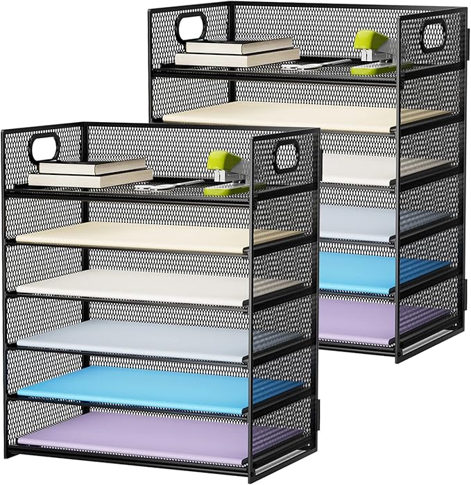 Marbrasse 2 Pack Desk Organizer with Handle, 6 Tier Paper Letter Tray, Mesh Desk File Organizer for Office, School and Home by Marbrasse