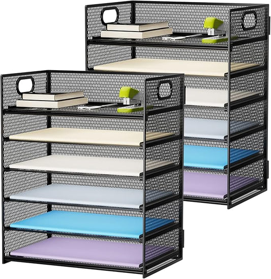 Marbrasse 2 Pack Desk Organizer with Handle, 6 Tier Paper Letter Tray, Mesh Desk File Organizer for Office, School and Home by Marbrasse