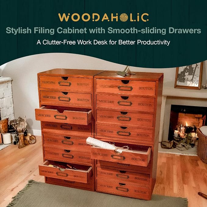 Stackable Apothecary Cabinet, 16 Drawer Wooden Storage I Vintage Card Catalog Style Organizer for Coins, Trading Cards, Crafts & DMC Floss I Multi Drawer Modular Wood Desk Cabinet w/Label Holders - Image 3