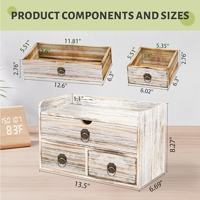 Wood Desk Organizer with Drawer, Vintage Brown Wooden Desktop Organizer, Tabletop Storage Organization Box for Countertop, Home Office Supplies, 13.5x6.6x8.2 Inch(3 Drawer and Shelf) - Image 3