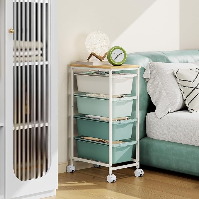 KINGBOARD Slim Rolling Cart with 4 Drawers, Metal Utility Storage Cart | Wooden Tabletop, Lockable Wheels, Table Side Trolley for Bedroom, Children's Room and Office Organization, Green - Image 9