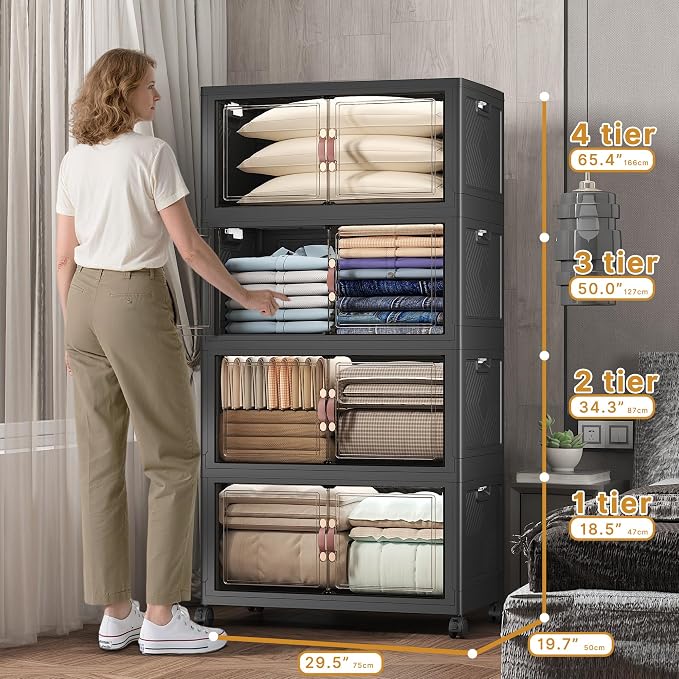 672QT Stackable Storage Bins with Lids,Doors & Wheels | Closet Organizers and Storage Cabinet, Lockable Plastic Foldable Drawers for Bedroom Dorm Office Garage（168QT*4,Black） - Image 2