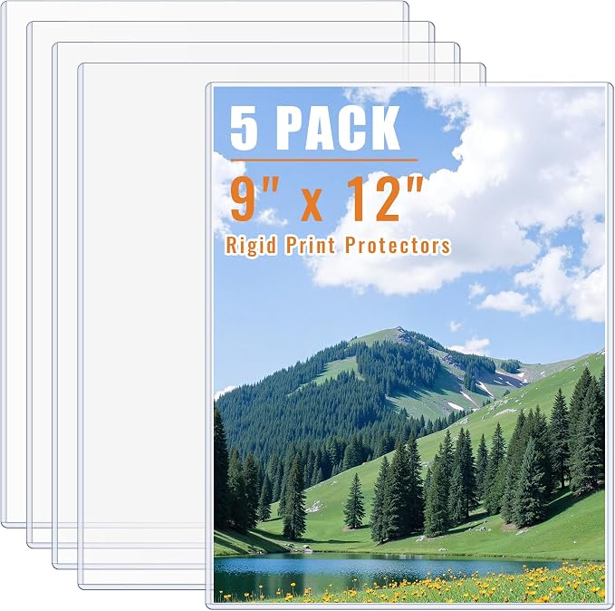 AKONEGE 5PCS 9" x 12" Rigid Print Protectors Clear Plastic Sheet Protectors, Heavy Duty Top Loading Document Holder, Menu Cover, Photo Poster Sleeves Hard Plastic Sleeves for Paper Art Prints by AKONEGE