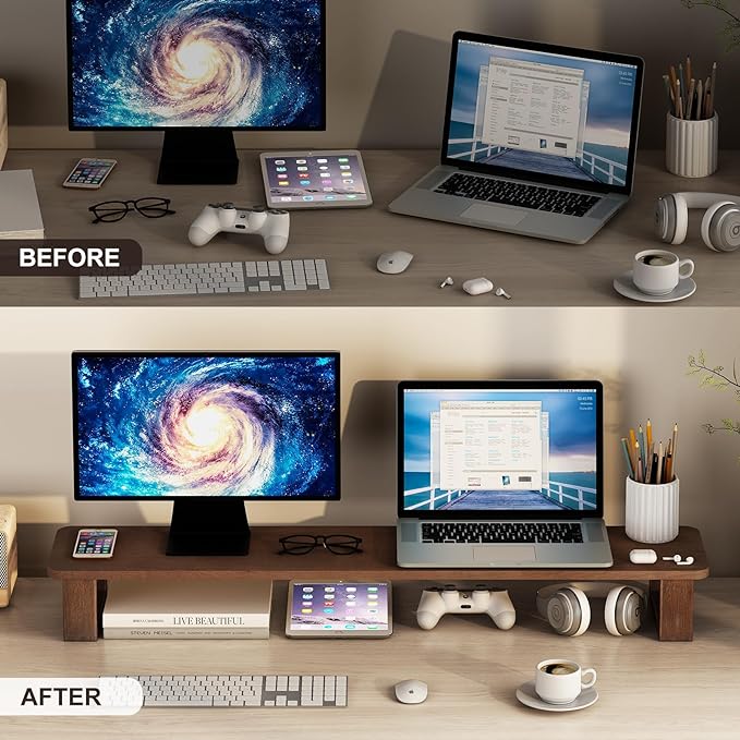 Ufine Dual Monitor Stand Riser 39.3 Inch Wood Desk Shelf Desktop Organizer | 2 Heights Adjustable, Ergonomic Computer Monitor Stand for 2 Monitors, Laptop, TV, Printer - Image 3