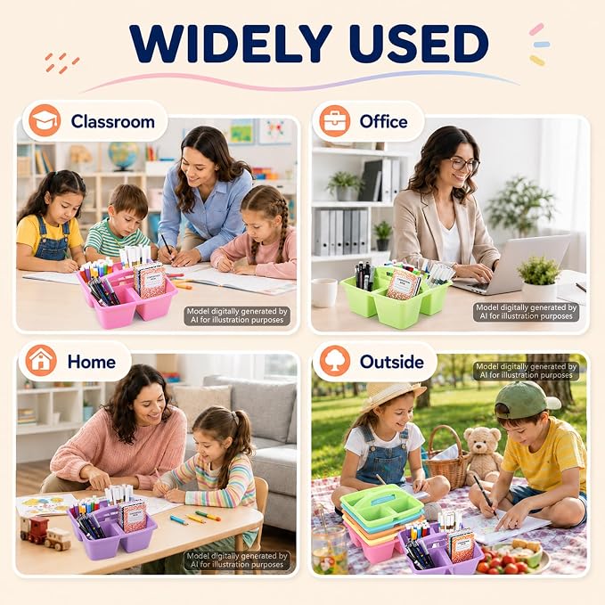 gisgfim 6 Pack Plastic Classroom Caddy with 4-Compartments Plastic Storage Caddies with Handle 4 Compartments Table Caddy Organizer Versatile Table Caddies for Classroom Office, Colorful - Image 6