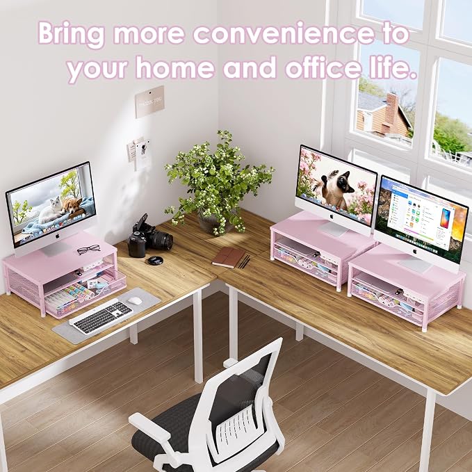 Computer Monitor Stand Riser, Desk Organizer with Drawer, Printer & Laptop Stand, Office Desk Accessories & Workspace Desktop Organizers Storage for Office Supplies(Pink) - Image 6