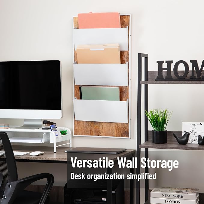 Mind Reader 3-Tier Wall-Mounted File Organizer, Wood and Metal Vertical Rack for Mail, Magazines, and Documents, Metal, Wood, White - Image 2