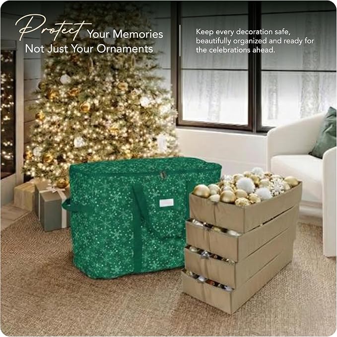 Covermates Keepsakes Adjustable Ornament Storage Bag – Heavy-Duty Polyester, Padded Dividers & FlexGrid Trays – Protective Holiday Ornament Organizer with Handles & Label Window, Green Snowflake - Image 2