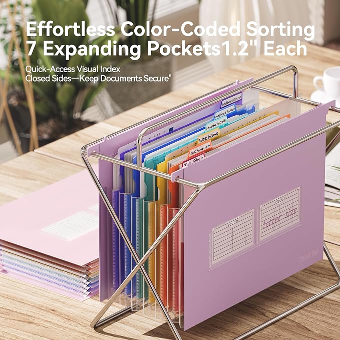 ThinkTex Plastic Expanding Hanging File Folders, 7 * 1.2" Accordion Pockets | Large Capacity, Multi-Color Tabs, Letter Size for Filing Cabinet - Purple - Image 4