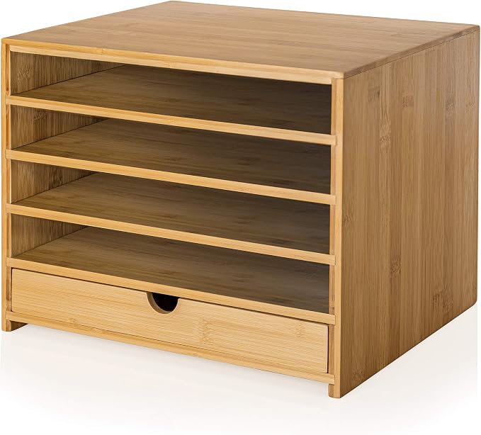 Prosumer's Choice Bamboo Four Cubby Paper Letter Tray Organizer with Single Pull-Out Drawer for Home and Office | Desktop Organizer with Drawer - Natural Bamboo Color by ProsumersChoice