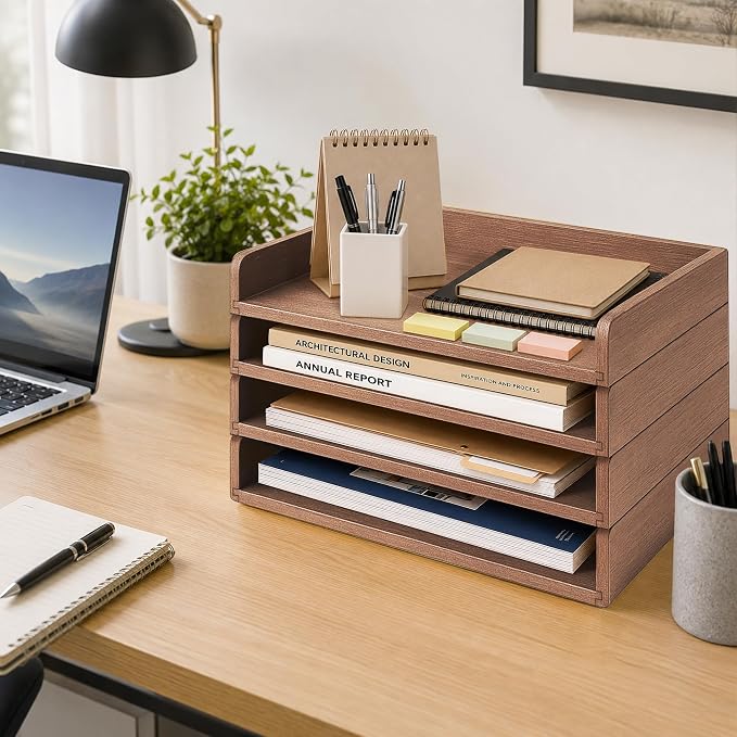4 Pack Stackable Paper Tray, Wooden Paper Tray Organizer with Letter Tray, Paper Holder for Desk, Desktop File Storage Rack for Study, Home and Office (Walnut) - Image 6