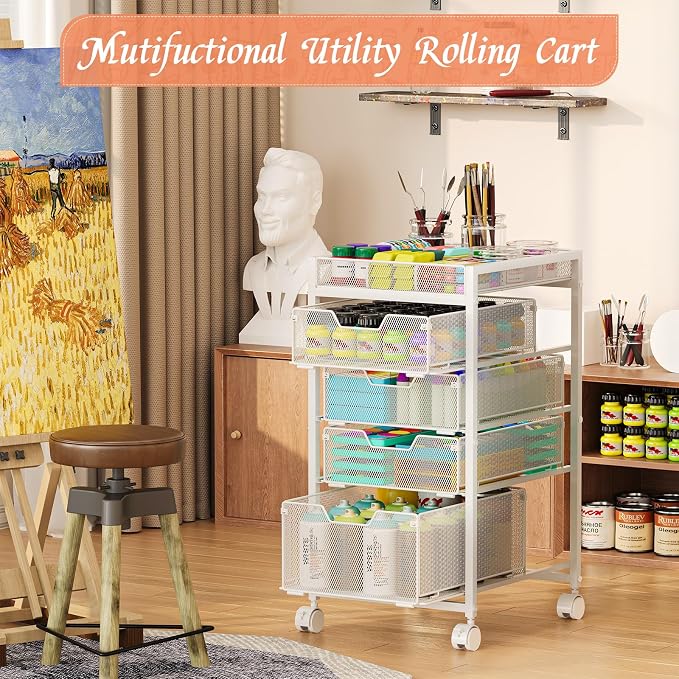 Rolling Utility Cart with 4 Drawers, Craft Organizer and Storage Carts with DIY Divider, Lockable Wheels Storage Organizer for Art Supplies, Store for Brushes & Paints & Artifacts, White - Image 3