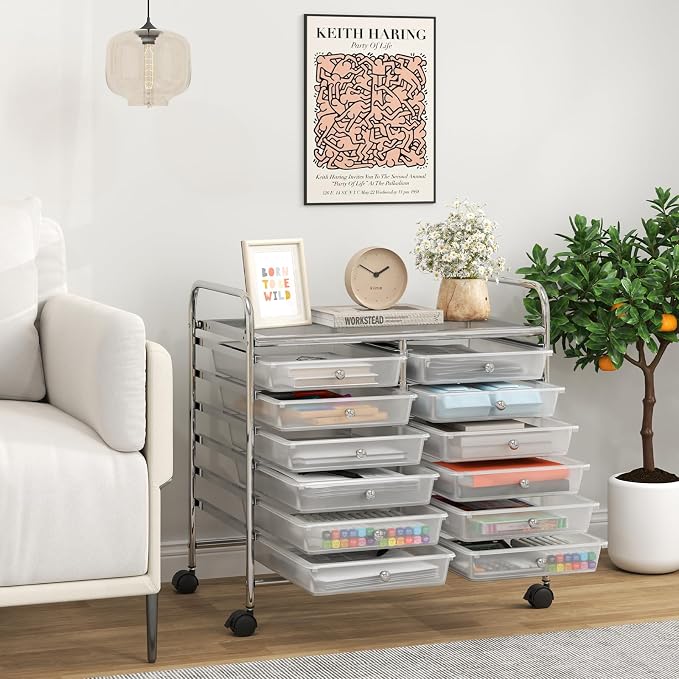 Giantex 12 Drawers Rolling Cart, Mobile Storage Drawer Cart, Classroom Organizer Cart for Office School Supplies Tools Scrapbook Paper Craft Small Printer, Utility Cart on Wheels, Clear - Image 2