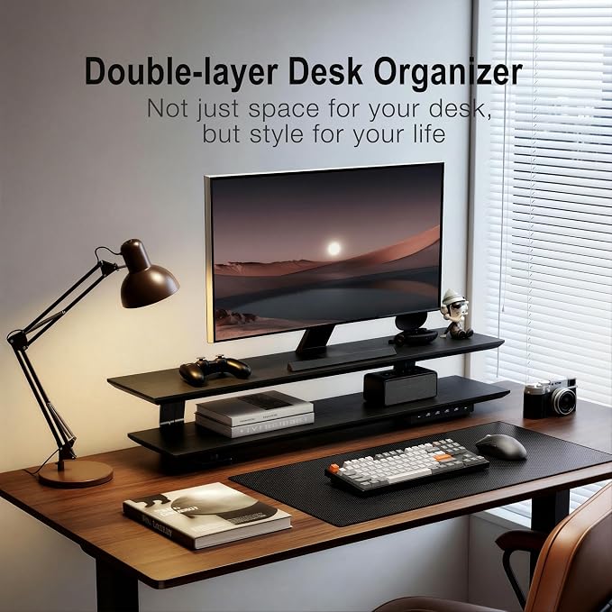 Dual Monitor Stand Riser for Large Office Desk Organization, Black | Solid Wood Made, 30w Fast Charging Ports, Data Transfer USB Ports, Raise Monitor Height, More Desk Space, No Wobble - Image 3
