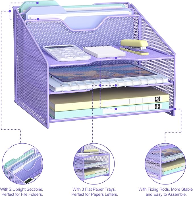 Samstar Purple Desk File Organizer, Mesh Letter File Folder Holder with 3 Paper Trays and 2 Vertical Upright Section, for Office Supplies, Desk Accessories & Workspace, Purple - Image 5
