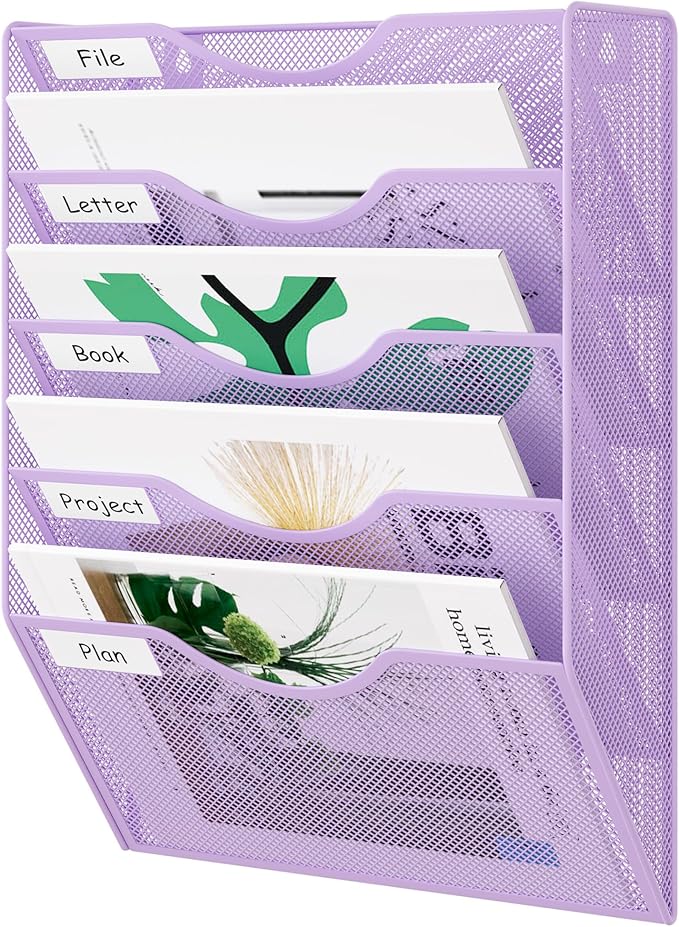 EasyPAG Wall File Organizer 5 Tier Hanging Paper Folder Holder, Zero Assembly Metal Mesh Wall Mounted Mail Organizer for Office Home Classroom Narrow Spaces, Puple by EasyPAG