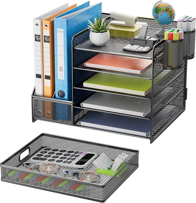 Lavatino Desk Organizer with File Holder+Larger Mesh Desk Organizer with Drawers - Image 2