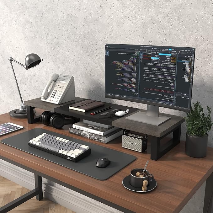 WESTREE Dual Monitor Stand Riser, Wood and Steel Monitor Stand Riser, Computer Monitor Stand for 2 Monitors, Multi-Purpose Desktop Storage Stand for Computer,Laptop,Printer,TV - Image 6