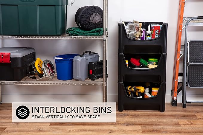 Mighty Tuff Jumbo Stackable Storage Bins, Pack of 3, Easy-Access Storage, Large Easy-to-Grip Handles, Wide Front Opening, Interlocking, Stack Vertically, Black - Image 5