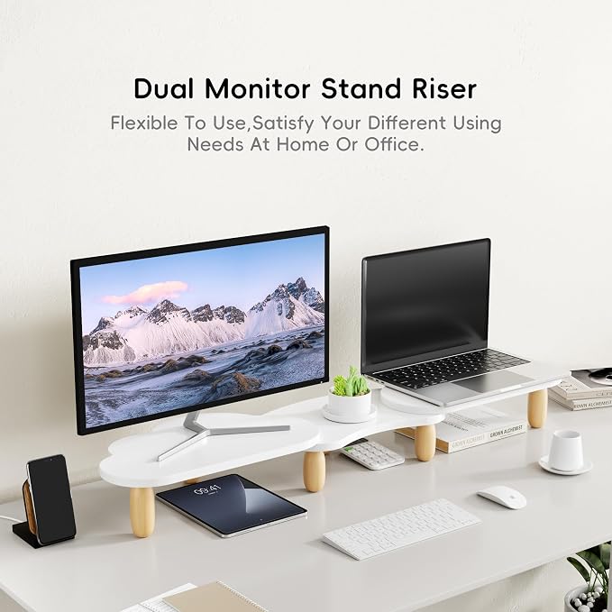 AFOOYO Dual Monitor Stand Riser,Rainbow Cloud Desktop Computer Stand for 2 Monitors,Adjustable Length and Angle Multifunctional Desktop Organizer Stand for Laptop, PC, Computer, Printer,White - Image 2