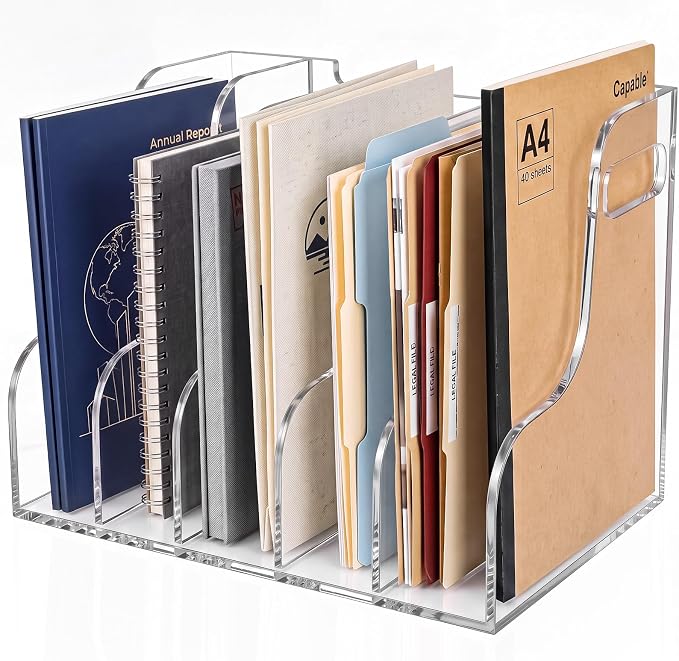 Acrylic Magazine Holder, 5 Vertical Compartments Files Sorter Organizer Rack, Clear Desk Document Storage Bin For, Magazines, Binders, Books, Home Office Workspace Desktop Organization by Unknown