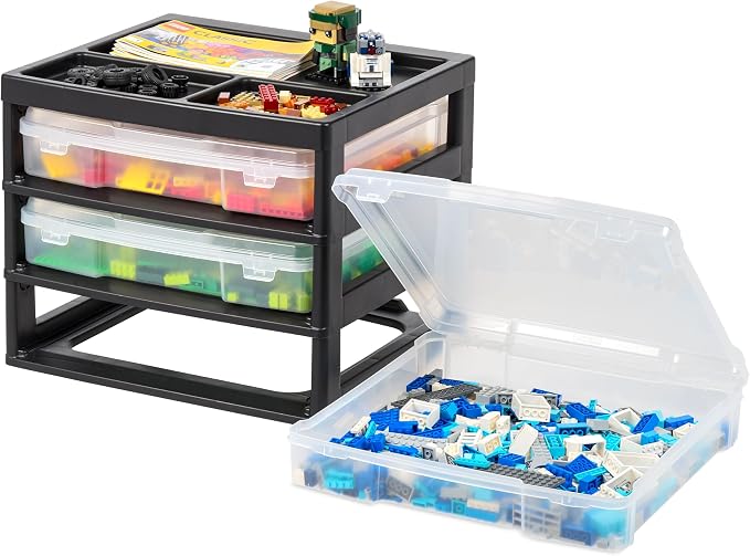 IRIS USA Desk Organizer |Made in USA| 3-Tier Cases - Black/Clear | Fits 12"x12" Paper, Built-In Handles, Storage Unit with Supply Top for Craft, Art, Office Supplies, Pens & Pencils by IRISUSA