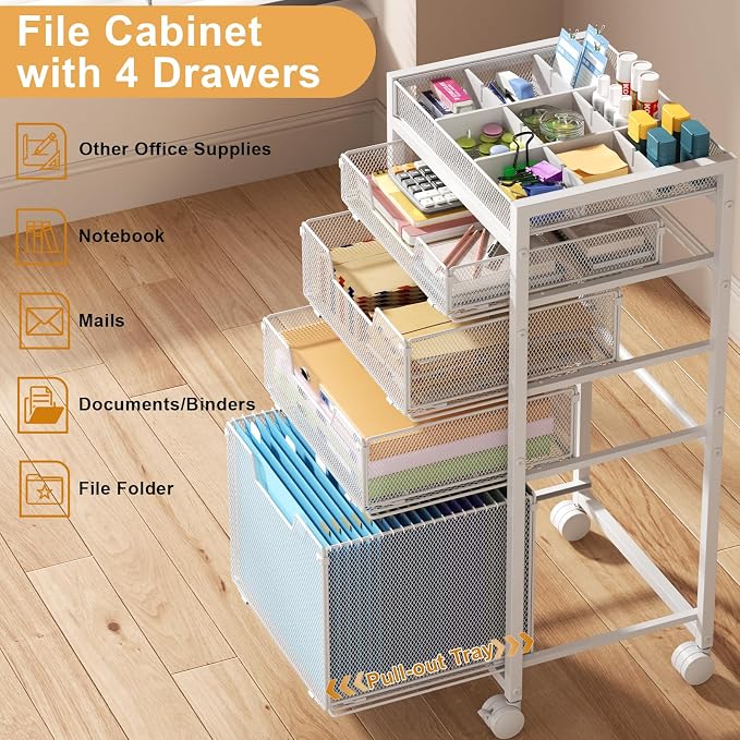 Rolling File Cart with 4 Storage Drawers, Under Desk Filing Cabinet with DIY Divider, Hanging File Folder Organizer on Wheels, Fits A4/Letter Size, Metal Utility Cart for Home Office, White - Image 5