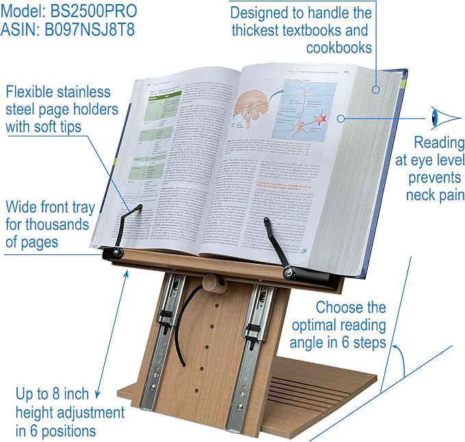 BS2500PRO XL Super Heavy Duty 15.4x10.5 Portable Height Adjustable Foldable Eye Level Bookstand Holder for Reading Hands Free Large Thick Heavy College Textbooks Tablets Neck Pain Free - Image 2