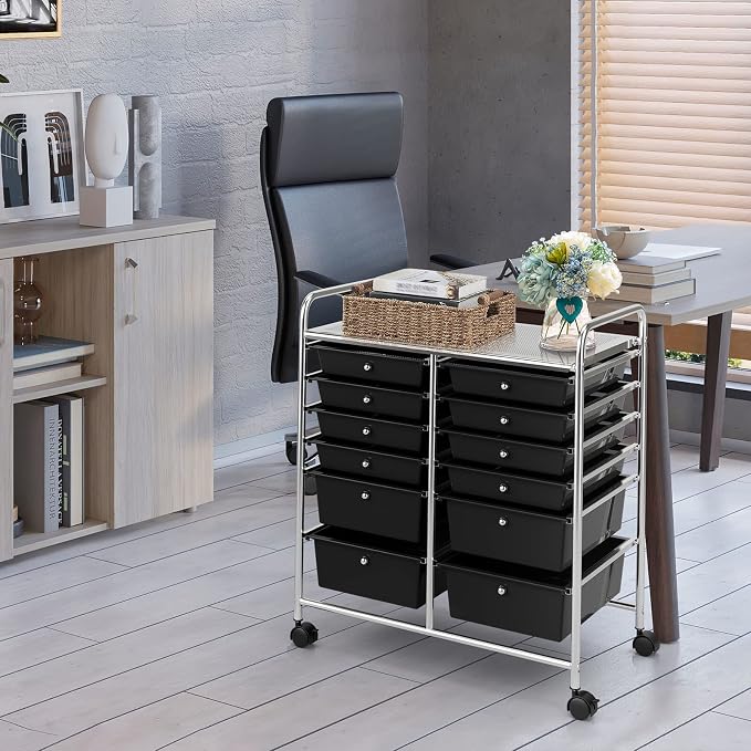 COSTWAY 12-Drawer Rolling Storage Cart, Moveable Art Craft Organizer | Lockable Wheels, Metal Shelf, Files Arrangement Tools Makeup Storage Cart for Office, Home, School (Black) - Image 9