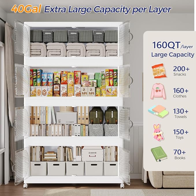 640QT Extra Large Stackable Storage Bins with Lid, 160Gal Plastic Closet Organizers and Storage Drawer, Collapsible Cabinet Box with Wheels Clear Doors for Home Kitchen Garage, 4Pack White - Image 3