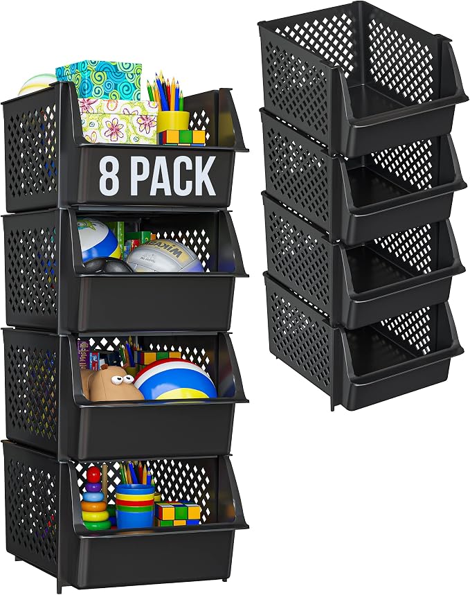 Skywin Stackable Storage Bins Open Front for Pantry Storage, 8 Pack - Black | Sturdy Plastic, Easy Stacking, Open Front Access, Ventilated Sides, Vertical & Space Saving Pantry Organizers and Storage Bin by Skywin