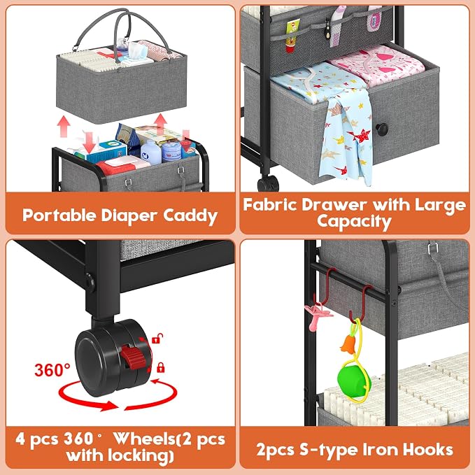 Cidaziya 3In1 Baby Diaper Caddy Organizer, 3 Tier Rolling Cart with Drawer, Detachable Dividers, Mobile Utility Cart Baby Dresser Clothes Organizer for Crib, Bedroom, Art & Craft Storage, Grey - Image 3