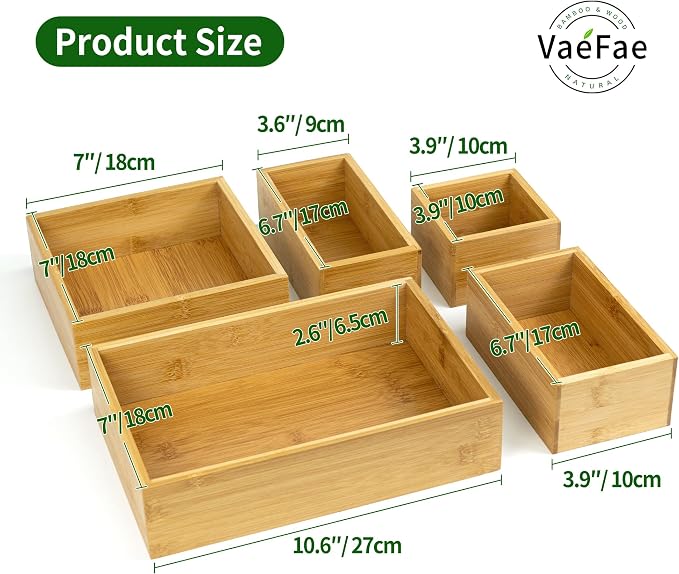 VaeFae 5 PCS Bamboo Drawer Organizers Set, 5-size Organizer Box, Storage Bins for Kitchen, Bathroom, Office, Bedroom and Living Room - Image 2