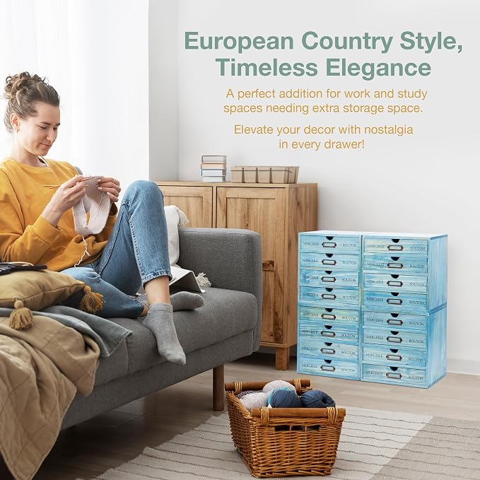 4-Pack Turquoise Countertop Organizer Drawers - Stackable 4-Drawer Mini Filing Cabinets for Desktop - 9.7x7x10in European Country Style Storage Drawers w/Label Holders, Fully Assembled - Image 4