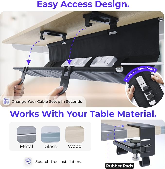 Original No Drill Under Desk Cable Management Tray 40.6" - Premium Black Fabric Cable Management Under Desk - Clamp/Screw Mount Cord Organizer - Supports Upto 66lbs - Large - Image 3