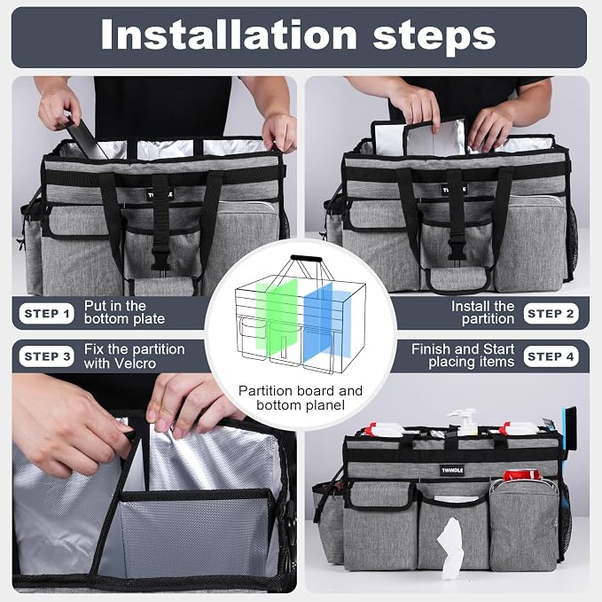 Extra Large Cleaning Caddy Bag with Rigid Support Board, Cleaning Organizer Tote with Detachable Divider, Adjustable Shoulder Strap & Waist Belt, Cleaning Supply Carrier for Cleaners & Housekeepers - Image 4